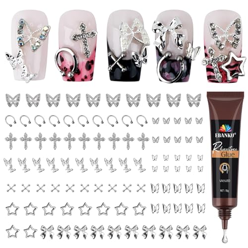 EBANKU 100 Stück 3D Nagel Charms, Nail Art Charms Set Y2K Gemischter Stil Schmetterling Schleife Stern Kreuz Nail Charms mit 15g Nagel Strass Kleber für Nagel Dekoration(10 Stile) von EBANKU