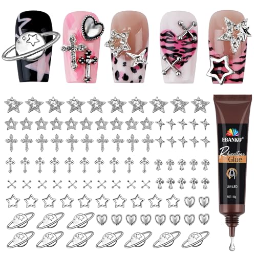 EBANKU 100 Stück 3D Nagel Charms, Nail Art Charms Set Y2K Gemischter Stil Stern Herz Planet Kreuz Nail Charms mit 15g Nagel Strass Kleber für Nagel Dekoration(10 Stile) von EBANKU