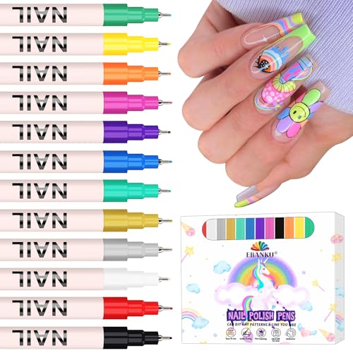 EBANKU 12 Farben Nagelkunst Stifte Set, 3D 0,5 mm Graffiti-Acrylfarbe Nagelkunst-Marker Schnelltrocknende Nagelspitze, Graffiti-Punktier-Liner-Stift-Sets für Zuhause und den Salon Nagel-DIY von EBANKU