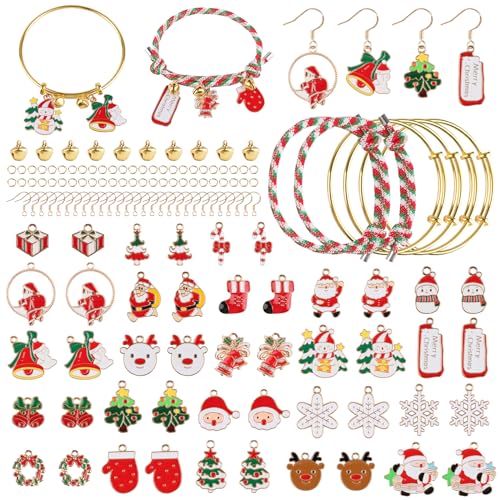 EBANKU 126P weihnachtliche Emaille Goldanhänger Zur Schmuckherstellung,mit 14 Paar Ohrhaken, 4 * Armbändern, Glöckchen, kleinen offenen Ringen, rotem Seil und verschiedenen Goldanhängern von EBANKU