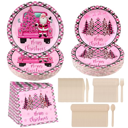 EBANKU 300PCS Weihnachten Partygeschirr Set, Weihnachtsgeschirrset (für 50 Personen) mit Papptellern, Salattellern, Servietten, Besteck für Weihnachtsparty Dekoration, Rosa von EBANKU