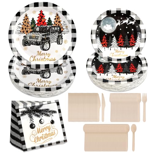 EBANKU 300PCS Weihnachten Partygeschirr Set, Weihnachtsgeschirrset (für 50 Personen) mit Papptellern, Salattellern, Servietten, Besteck für Weihnachtsparty Dekoration, Schwarz von EBANKU