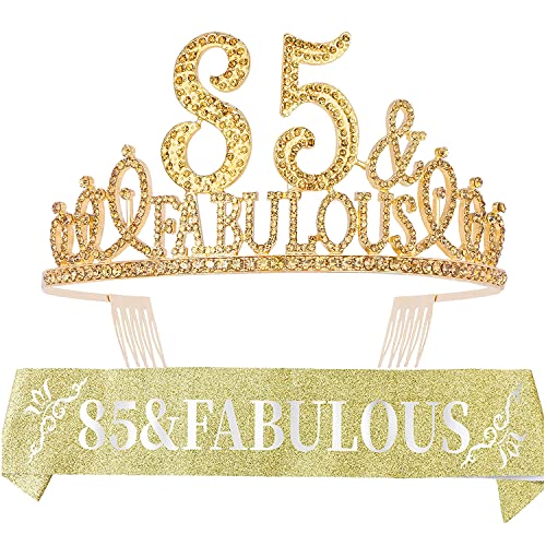 Schärpe und Tiara zum 85. Geburtstag für Frauen – fabelhafte Glitzer-Schärpe + fabelhafte goldene Premium-Metall-Tiara für sie, 85. Geburtstag Geschenke für 85. Feier von EBE EmmasbyEmma