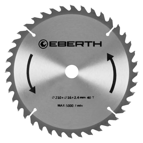 EBERTH Kreissägeblatt Sägeblatt Kreissäge Blatt aus Stahl mit Hartmetall-Zähnen für Holz-Schnitte (210mm Durchmesser, 16mm Bohrung, 1.6mm Blättstärke, 2.4mm Schnittbreite, 40 Zähne, RPM Max. 5000) von EBERTH