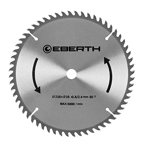 EBERTH Kreissägeblatt Sägeblatt Kreissäge Blatt aus Stahl mit Hartmetall-Zähnen für Holz-Schnitte (210mm Durchmesser, 16mm Bohrung, 1.6mm Blättstärke, 2.4mm Schnittbreite, 60 Zähne, RPM Max. 5000) von EBERTH