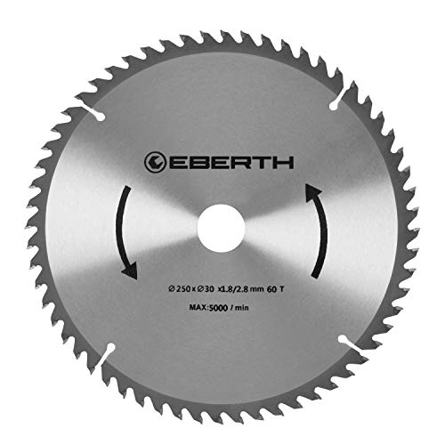 EBERTH Kreissägeblatt Sägeblatt Kreissäge Blatt aus Stahl mit Hartmetall-Zähnen für Holz-Schnitte (250mm Durchmesser, 30mm Bohrung, 1.8mm Blättstärke, 2.8mm Schnittbreite, 60 Zähne, RPM Max. 5000) von EBERTH