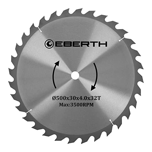 EBERTH Kreissägeblatt Sägeblatt Kreissäge Blatt aus Stahl mit Hartmetall-Zähnen für Holz-Schnitte (500mm Durchmesser, 30mm Bohrung, 3.0mm Blättstärke, 4.0mm Schnittbreite, 32 Zähne, RPM Max. 3500) von EBERTH