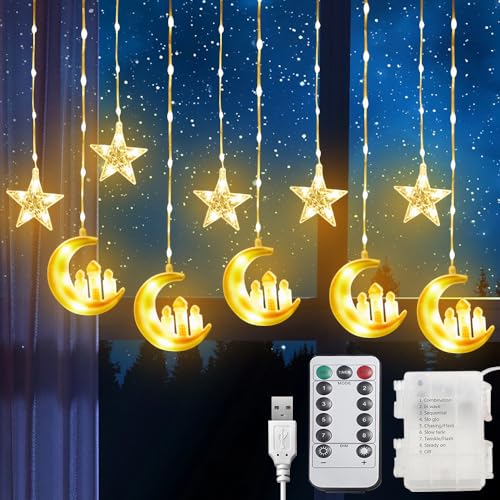 EBKCQ Lichterkette Ramadan, LED Ramadan Lichterkette mit 8 Blinkenden Modi, LED Muslim Ramadan Lichterkette, Batterie & USB betrieben, 3m LED Eid Lichterkette Sterne Mond Licht für Ramadan Deko von EBKCQ