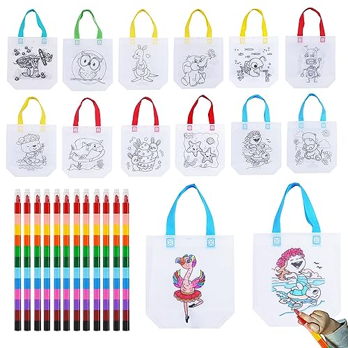 EBKCQ Stoffbeutel zum Bemalen, 12 Stück Kinder Stoffbeutel Set mit 12 Stück Stapelbare Wachsmalstifte (12 Farben in 1), DIY Graffiti Taschen Non-Woven-Tasche für Kindergeburtstag Gastgeschenke von EBKCQ