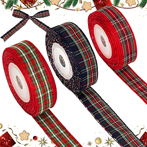 3 Rollen Karo Weihnachtsbänder Karierte Schleifenbänder Gingan Geschenkbänder Weihnachten Stoffbänder für Geschenk Verpackung Kränze Basteln Schleifen, 11 Yards x 1,6 cm (Dunkel) von EBOOT