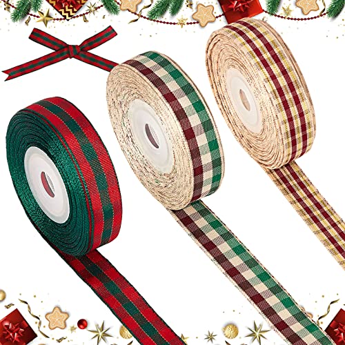 3 Rollen Karo Weihnachtsbänder Karierte Schleifenbänder Gingan Geschenkbänder Weihnachten Stoffbänder für Geschenk Verpackung Kränze Basteln Schleifen, 11 Yards x 1,6 cm (Klassisch) von EBOOT