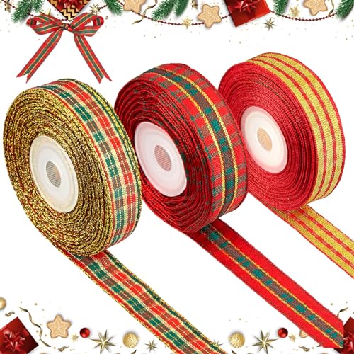 3 Rollen Karo Weihnachtsbänder Karierte Schleifenbänder Gingan Geschenkbänder Weihnachten Stoffbänder für Geschenk Verpackung Kränze Basteln Schleifen, 11 Yards x 1,6 cm (Retro) von EBOOT