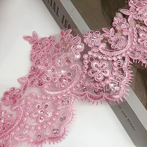 1 Yard/13 cm Weiß Elfenbein Pailletten Schnur Stoff Blume Venise Venedig Mesh Spitze Trim Applikation Nähen Handwerk (Color : Pink) von EBRICON