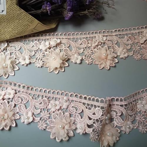 90 cm große Perlen, 3D-Blumen-Quaste, Spitzenrand-Band, Stoff, bestickte Applikation, Nähen, Handwerk, Hochzeit (Farbe: Rosa, Größe: 9 cm) von EBRICON