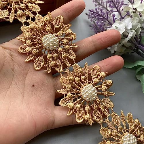 Perlenblume Organza Stickerei Stoff Spitze Patch Besatz Band - Elegante 3D Perlenblume Applikation für Brautkleid oder DIY Kleidung Projekte (Color : Gold) von EBRICON