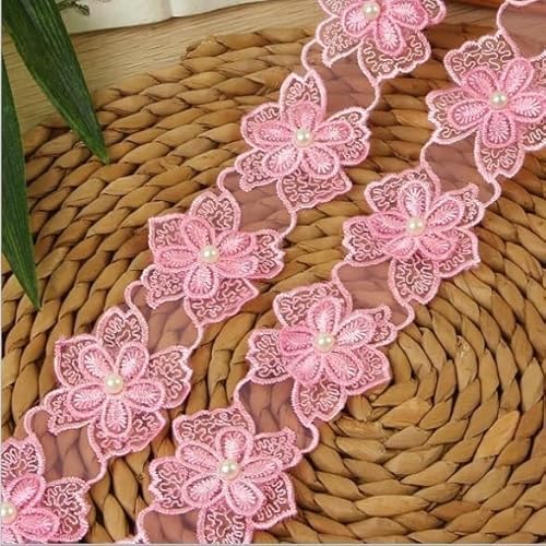 Perlenblumen-Spitzenborte für DIY Patchwork Nähen – lösliches Organza-Strickband für Hochzeitsstickerei und Bastelbedarf (Farbe: Rosa) von EBRICON