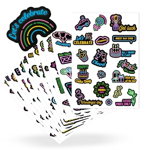 ECCK Neon Sticker Set, 200 wasserfeste Aesthetic Aufkleber für Geburtstag, Laptop, Trinkflasche & Fahrrad, Coole Geburtstag Deko für Geschenke, Einladungen, Scrapbook, Journal & Karten von ECCK