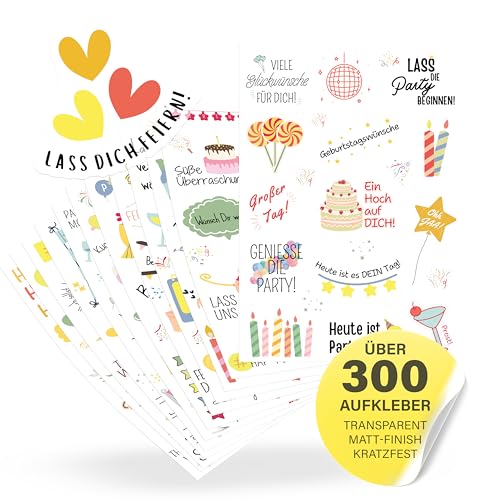 ECCK Sticker Geburtstag für Gästebuch, Fotoalbum & Geschenke (325 Stück, Bunt) - Aufkleber für Geburtstagskarten & Geburtstagsgeschenke auf 14 DIN A5 Bögen - Party Geburtstagskarte Geschenk, Karten von ECCK