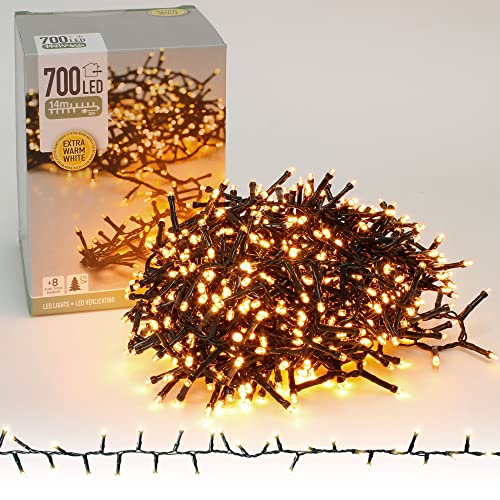 ECD Germany LED Cluster Lichterkette 14m 700 LEDs Extra Warmweiß, 8 Modi, Strombetrieb, IP44 Wasserdicht, Innen/Außen, Weihnachtsbeleuchtung Weihnachtsbaum Clusterlichterkette Büschellichterkette von ECD Germany