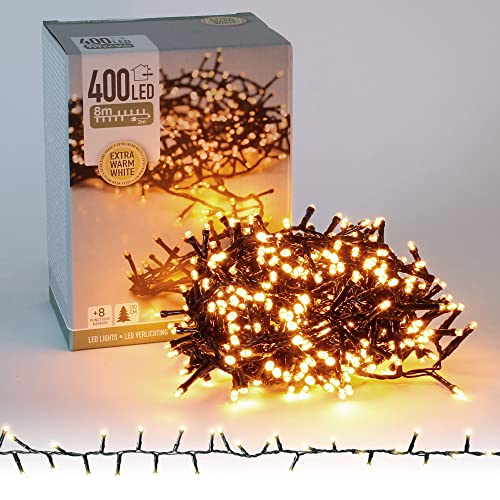 ECD Germany LED Cluster Lichterkette 8m 400 LEDs Extra Warmweiß, 8 Modi, Strombetrieb, IP44 Wasserdicht, Innen- und Außen, Weihnachtsbeleuchtung Weihnachtsbaum Clusterlichterkette Büschellichterkette von ECD Germany