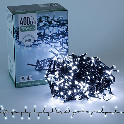 ECD Germany LED Cluster Lichterkette 8m 400 LEDs Kaltweiß, 8 Modi, Strombetrieb, IP44 Wasserdicht, Innen- und Außenbereich, Weihnachtsbeleuchtung Weihnachtsbaum Clusterlichterkette Büschellichterkette von ECD Germany