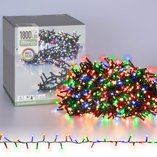 ECD Germany LED Cluster Lichterkette Bunt, 36m, 1800 LEDs, Multifunktion 8 Modi, mit Timer, Weihnachtsbeleuchtung für Innen und Außen wasserdicht IP44, Weihnachtsbaum Deko Beleuchtung 230V mit Stecker von ECD Germany