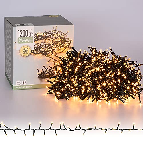 ECD Germany LED Cluster Lichterkette Extra Warmweiß 1200 LED 24m mit 8 Programmen, IP44, Innen und Außen, Clusterlichterkette Büschellichterkette Weihnachtsbaum Weihnachtsbeleuchtung Deko Weihnachten von ECD Germany