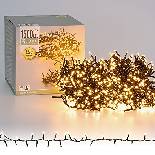 ECD Germany LED Cluster Lichterkette Extra Warmweiß 1500 30m 8 Programmen, IP44, für Innen und Außen, Clusterlichterkette Büschellichterkette Weihnachtsbaum Weihnachtsbeleuchtung Deko Weihnachten von ECD Germany