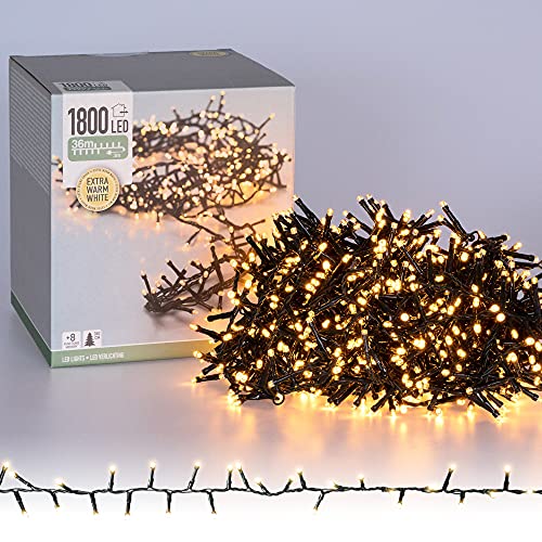 ECD Germany LED Cluster Lichterkette Extra Warmweiß 1800 LED 36m mit 8 Programmen, IP44, Innen und Außen, Clusterlichterkette Büschellichterkette Weihnachtsbaum Weihnachtsbeleuchtung Deko Weihnachten von ECD Germany