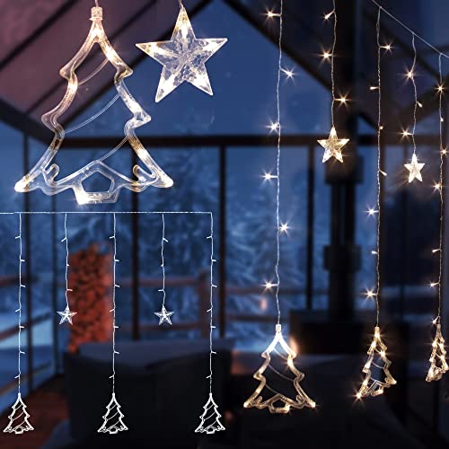 ECD Germany LED Fenster Lichtervorhang 220cm mit 138 LEDs Warmweiß, Weihnachtsbäume und Sterne, 8 Funktionen, Weihnachtsdeko Fensterdeko für Innen/Außen, Weihnachten Lichterkette Weihnachtsbeleuchtung von ECD Germany
