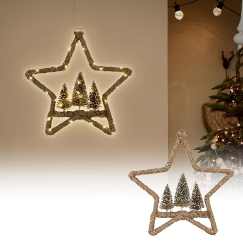 ECD Germany LED Jute Stern Ø40 cm, 50 warmweißen LEDs, Deko Weihnachtsstern mit 3 Tannen, Jutesäckchen, Batterien, Timer, Hängestern aus Seil, Lichterstern Weihnachtsbeleuchtung Weihnachtsdeko Innen von ECD Germany