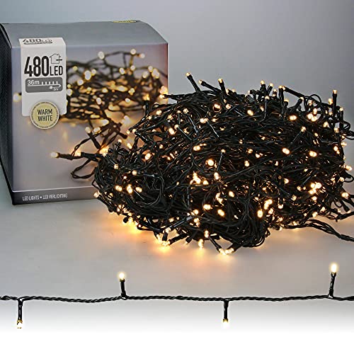 ECD Germany LED Lichterkette für Weihnachten mit 480 LEDs, 36m, Warmweiß, für den Innen- und Außenbereich IP44, Weihnachtsbeleuchtung Weihnachtslichterkette für Weihnachtsbaum, Kette auf Grünem Kabel von ECD Germany