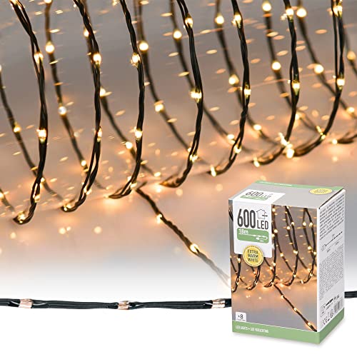 ECD Germany LED Micro Cluster Lichterkette 18m 600 LEDs Extra Warmweiß, 8 Funktionen, Strombetrieb, IP44 Wasserdicht Innen/Außen, Weihnachtsbeleuchtung Weihnachten Weihnachtsbaum Clusterlichterkette von ECD Germany