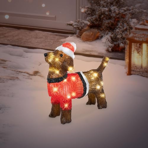 ECD Germany LED Weihnachten Hund Dackel mit Mütze und Pullover, 37x34 cm, Gartenfigur mit 40 warmweißen LEDs, IP44, Innen-Außen, Acryl Hundefigur, Weihnachtsfigur Weihnachtsbeleuchtung Weihnachtsdeko von ECD Germany