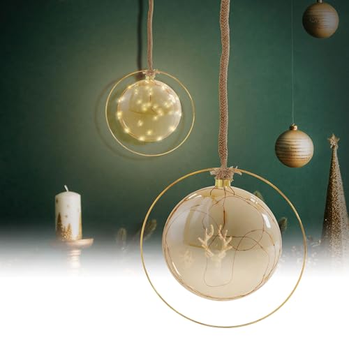 ECD Germany LED-Weihnachtskugel Ø15 cm, 30 LEDs Warmweiß, 80 cm Seil, Deko Leuchtkugel zum Hängen, Gold, Glaskugel mit Beleuchtung & Metallring, batteriebetrieb + Timer, Innen, Kugel Weihnachtsdeko von ECD Germany