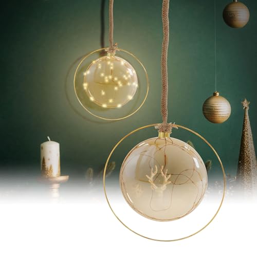 ECD Germany LED-Weihnachtskugel Ø18cm, 40 LEDs Warmweiß, auf 80cm Seil, Deko Leuchtkugel zum Hängen, Gold, Glaskugel mit Beleuchtung & Metallring, batteriebetrieb + Timer, Innen, Kugel Weihnachtsdeko von ECD Germany