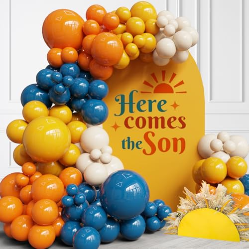 Ballonbogen-Set im Retro-Stil, Blau, gebranntes Orange und Senfgelb, 136-teilig, mit Aufschrift "Here Comes The Son", perfekt für Sonnenschein-Babypartys, Jungen, erste Reise um die Sonne, von ECEAE