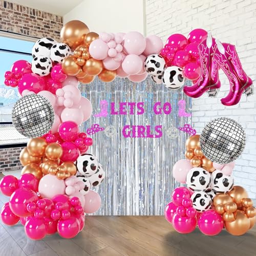 Luftballonbogen mit Kuh-Aufdruck, Disco-Stiefel-Folienballons, 111-teiliges Cowgirl-Bachelorette-Party-Dekorationsset – "Lets Go Girls"-Banner – perfekt für letzte Rodeo-, Western- und von ECEAE