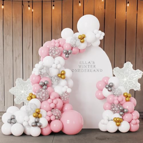 Rosa und Weiß Ballonbogen Kit 137pcs Winter Wonderland Prinzessin Ballonbogen Schneeflocke Ballons für Winter Onederland First Birthday Party Dekorationen Baby Shower Party Kokette Geburtstag von ECEAE