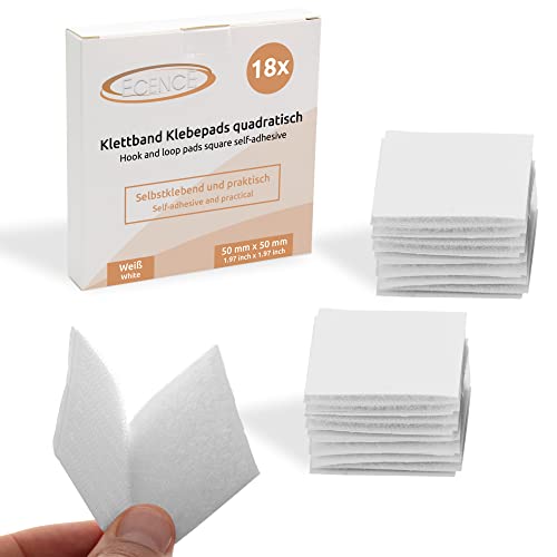 ECENCE 18 Stück Klettband selbstklebend extra stark, quadratisch 50x50mm, Klettverschluss selbstklebend Weiss, Klebepads für Wände, Boden, Türen, Auto von ECENCE