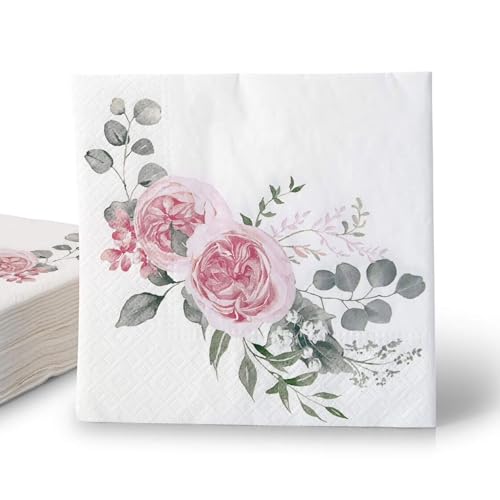 ECOFIESTA 100x rosa Servietten Eukalyptus 33 x 33 cm Rosen & Eukalyptus - Servietten salbeigrün saugfähig - Papierservietten, JGA Servietten von ECOFIESTA