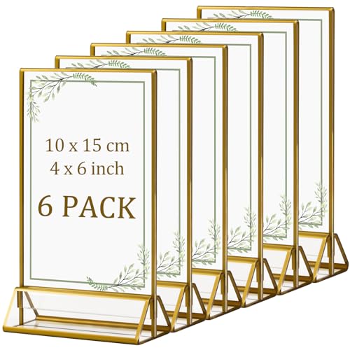 Goldener doppelseitiger Bilderrahmen- 6 Pack, 13x15 cm Acryl klar Bild Tischkartenhalter vertikale Stand, Aufsteller im Staffelei-Stil Menü Halter Display für Hochzeit Tischnummer, Foto von ECOSEAO