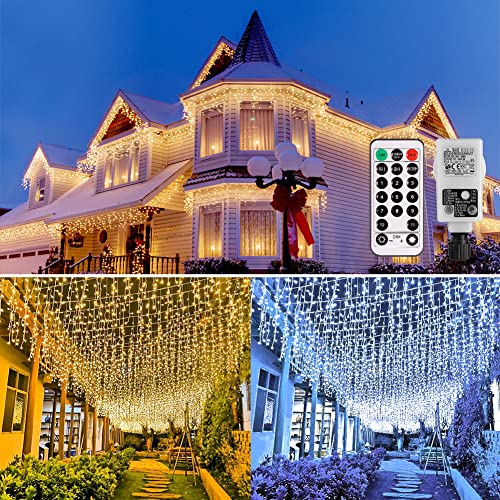 ECOWHO 440 LED Lichterkette Eisregen Warmweiß Kaltweiß Lichtervorhang 9x0,8m erweiterbar Eiszapfen Regenlichterkette mit Timer,IP44 Lichterkette außen Innen für Dach Balkon Weihnachten Party Hochzeit von ECOWHO