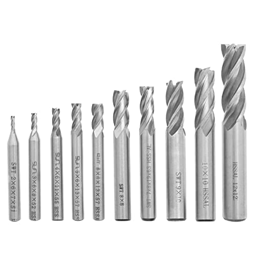 ECSiNG 10 Stück Schaftfräser Set HSS 4-Schneiden Zylinderschaft Bohrer für Holz Aluminium Stahl Titan (2/3/4/5/6/7/8/9/10/12mm Durchmesser 6mm 8mm 10mm 12mm Griff) von ECSiNG