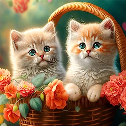 ECUCU Diamond Painting, Niedlicher Katzen- und Blumenkorb DIY 5d Diamant Painting Bilder, Diamant malerei Kits Malen nach Zahlen wohnzimmer bilder für die Inneneinrichtung von ECUCU