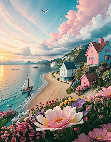 ECUCU Diy handgemachte cross stitch embroidery starter kit Vorgedrucktes Kreuzstich-Stickset „Seaside Town Sunset Scenery“, B für Wandkunst-Heimdekoration von ECUCU