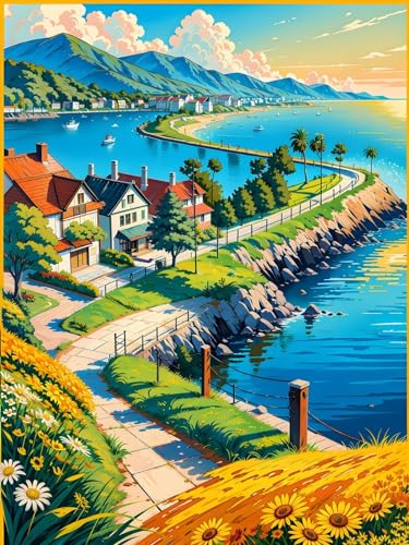 ECUCU Kreuzstich Set Vorgedruckt, Autumn Seaside Town, M, 11 CT Kreuzstich Stickpackungen,Vorgedruckt Kreuzstich für Wandkunst-Heimdekoration von ECUCU