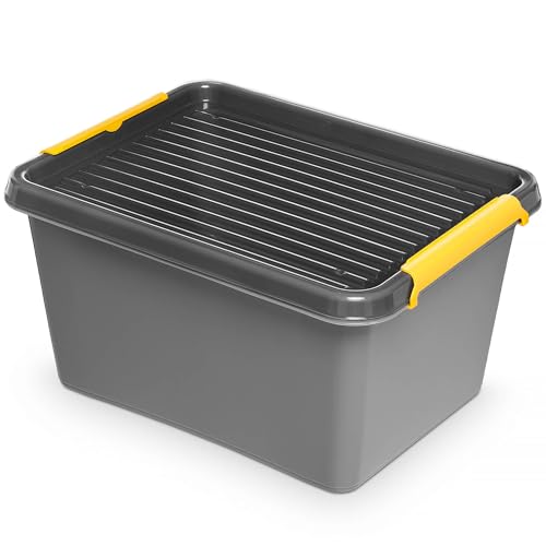 EDANTI Aufbewahrungsbox Mit Deckel Clips Organizer Ideal für Werkstatt, Transport, Garage, Heimwerken, Sortierbox Sortimentskasten Plastikbox Grau (15,5 l) von EDANTI