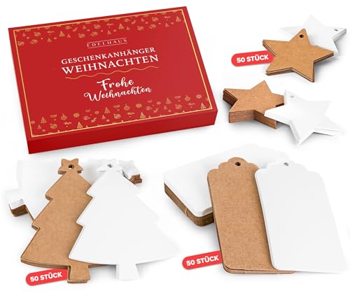 EDELHAUS® Geschenkanhänger Weihnachten [150 Stück] mit 4m Schnur - Geschenkanhänger Kraftpapier Anhänger für Weihnachtsgeschenke, Adventskalender, Weihnachtsdeko, Etiketten zum Beschriften von EDELHAUS