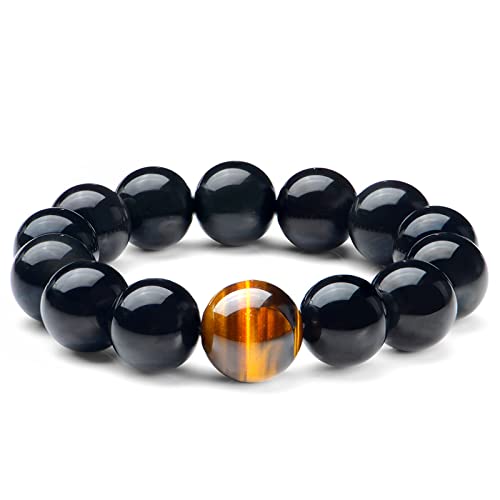 EDMER Natürliches Armband Obsidian-Perlen-Armband Damen-Armbänder Naturstein-Kristall-Armband, 14 mm Steine (Size : 14MM) von EDMER
